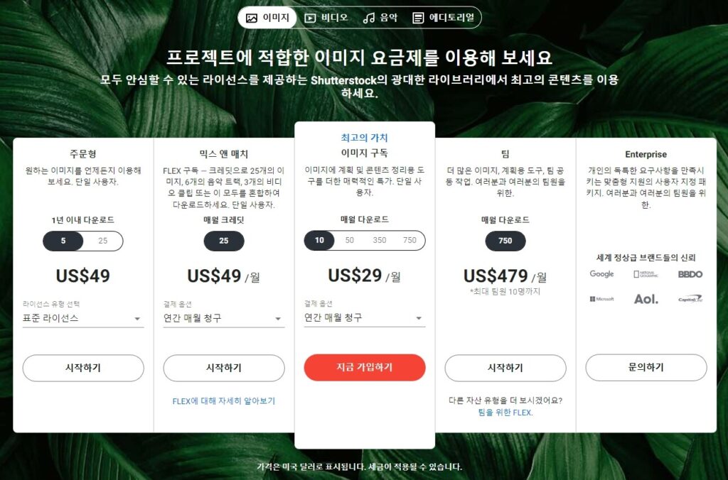 셔터스톡 요금제(표준 라이선스)