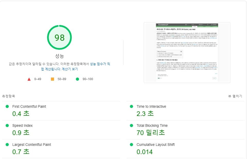 웹 사이트 속도 측정-구글 페이지스피드 인사이트