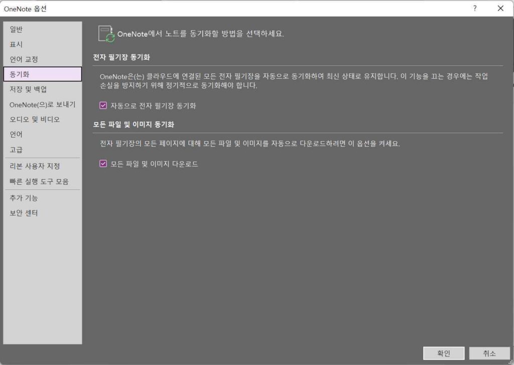 원노트 동기화 설정-옵션에서 설정