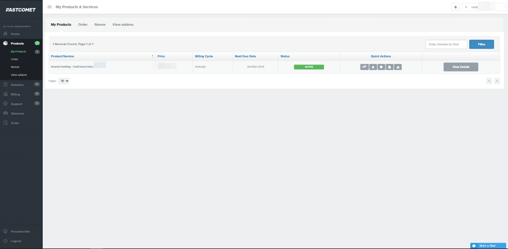 FastComet Hosting 인터페이스