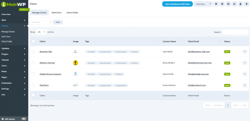 MainWP Dashboard 클라이언트 관리