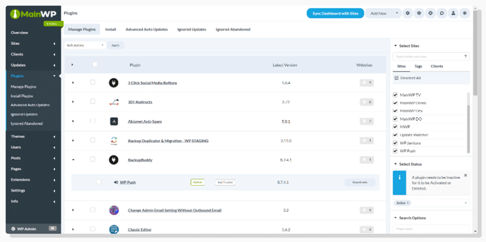 MainWP Dashboard 플러그인 및 테마 관리