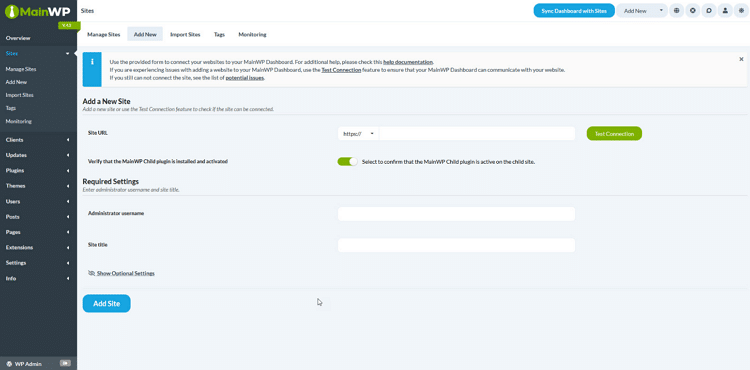 MainWP Dashboard 플러그인 사이트 관리 페이지(URL 입력 등)