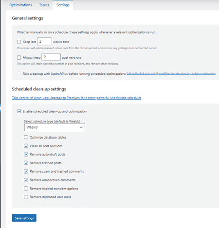 WP-Optimize의 DB 최적화 기능