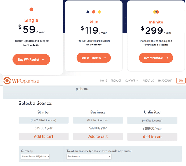 WP-Rocket Vs WP-Optimize 가격 비교