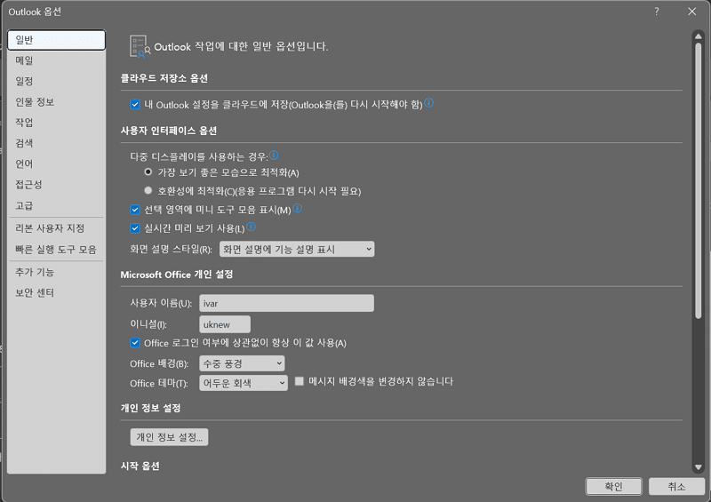 아웃룩 옵션 인터페이스