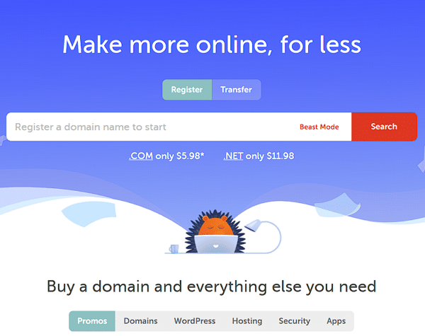 .com 도메인 가격 할인 중인 Namecheap 메인 페이지Domains 검색 기능