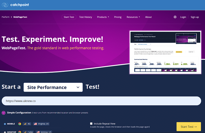 웹 사이트 속도 측정-WebPagetest 메인