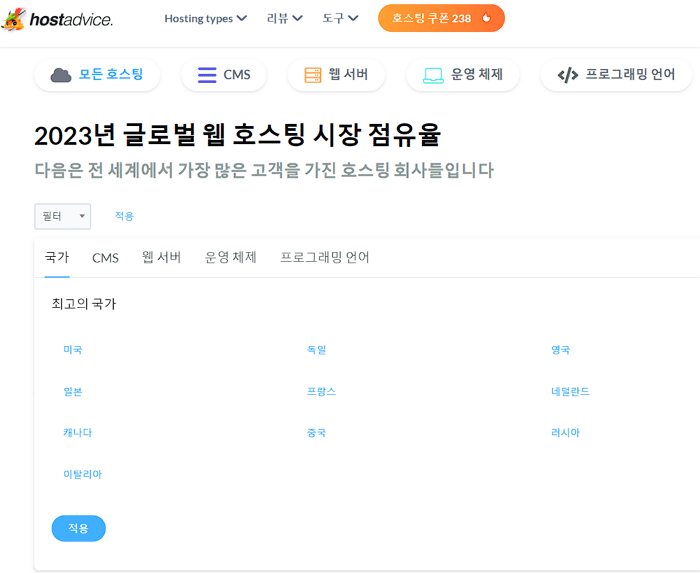 HostAdvice에서 제공하는 해외 호스팅 시장 점유율 필터 체크 기능