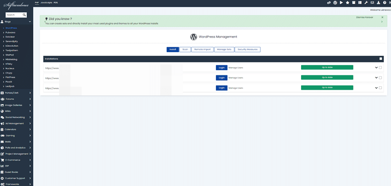 cPanel에서 Softaculous Wordpress 접속 첫 화면