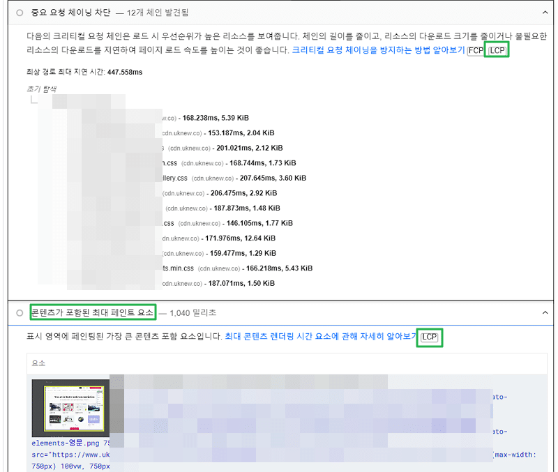 구글 페이지스피드 LCP 진단 내용