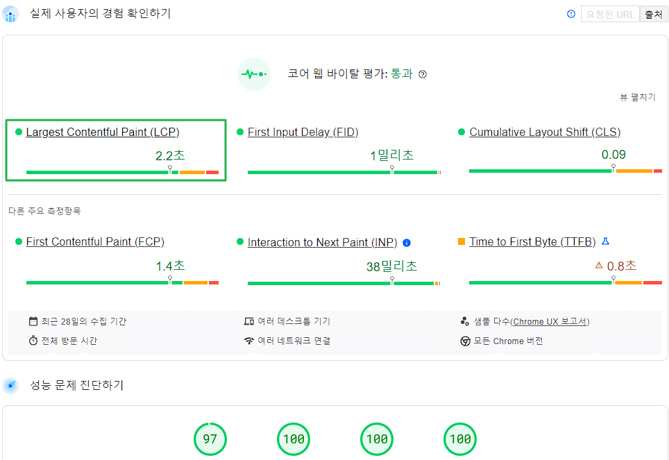 워드프레스 LCP - 구글 페이지 스피드에서 확인한 최대 콘텐츠 페인트