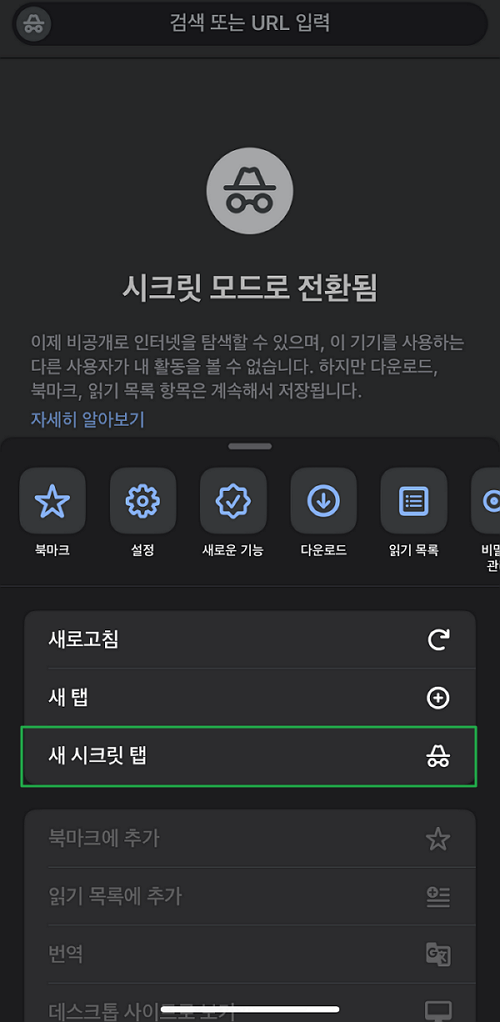 크롬 시크릿 모드 설정-새 시크릿 탭(모바일)