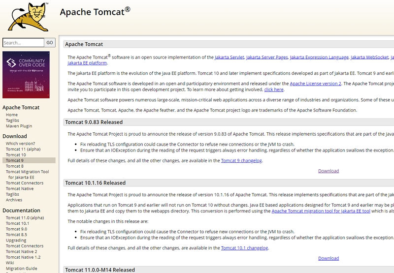 리눅스 톰캣 설치를 위해 Apache Tomcat 사이트 접속