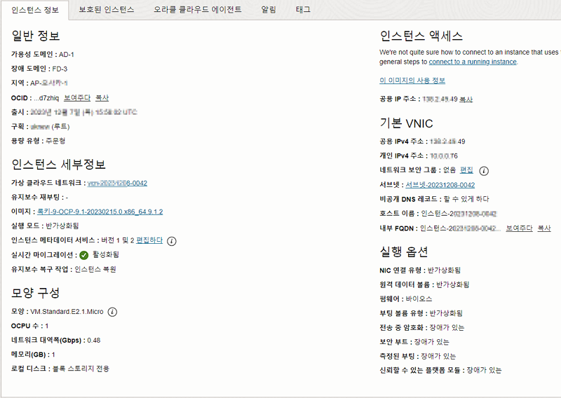 오라클 클라우드 컴퓨팅-세팅 후 인스턴스 정보
