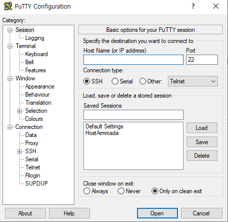 Putty 실행화면 첫 페이지