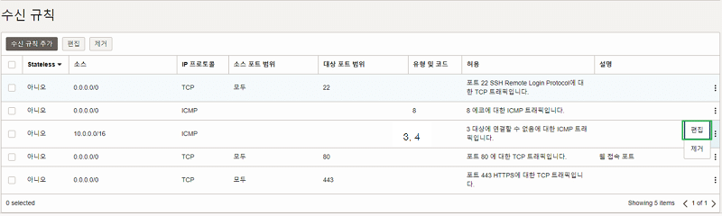 오라클 클라우드 공용 서브넷-보안 목록 페이지(유형 및 코드 편집)