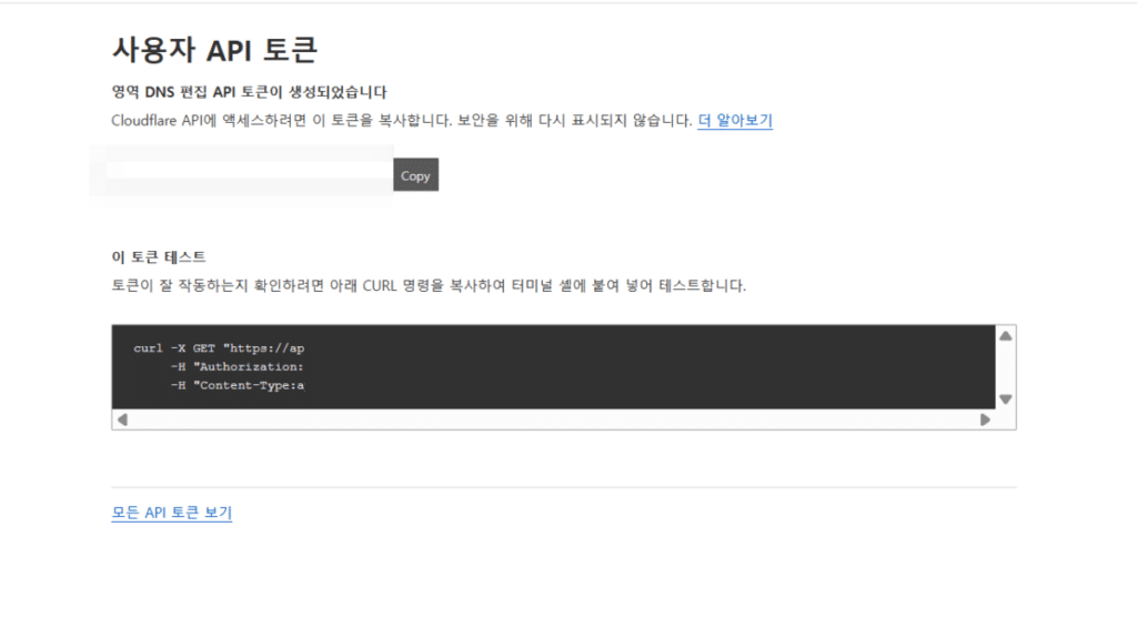 클라우드플레어 DNS API토큰 생성 완료