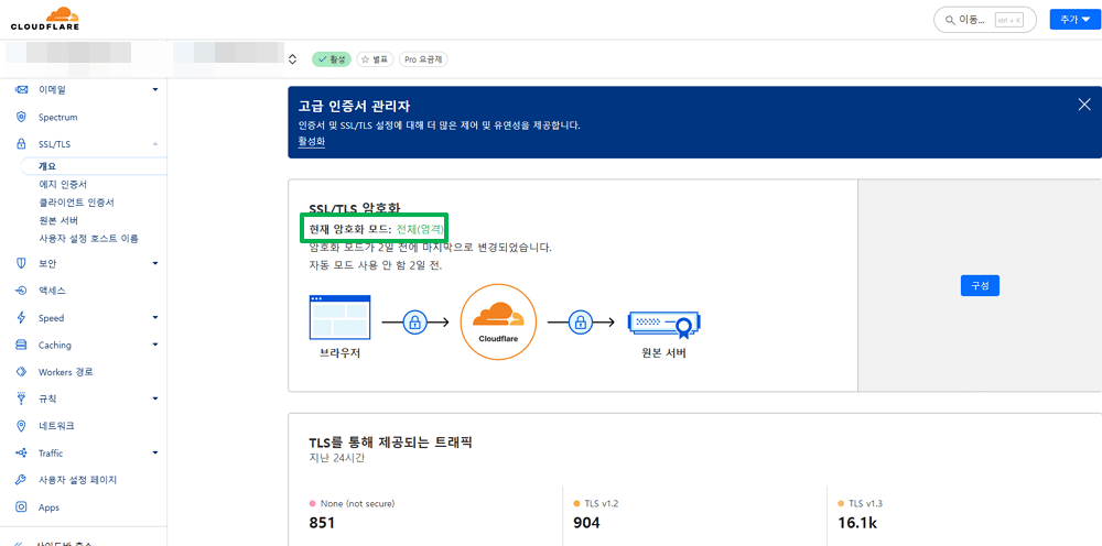 클라우드플레어 TLS 암호화-전체(엄격)