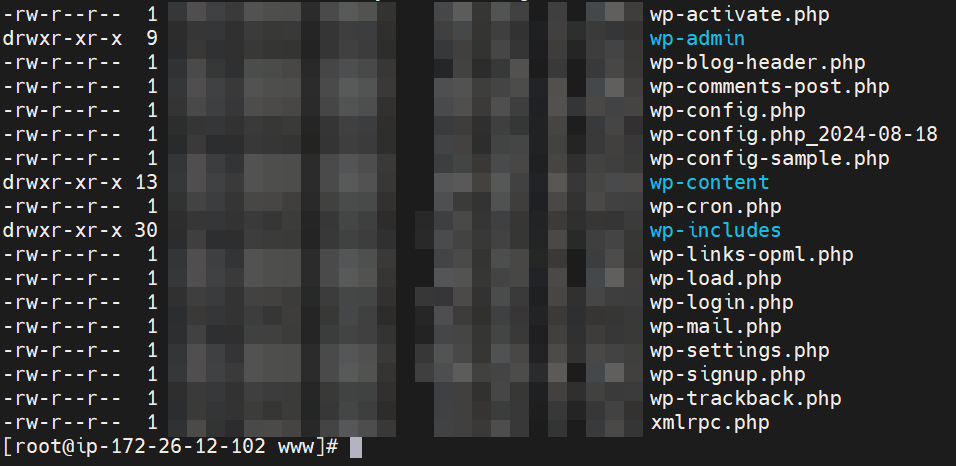 워드프레스 루트 페이지 wp-config.php 및 콘텐츠. 인클루즈