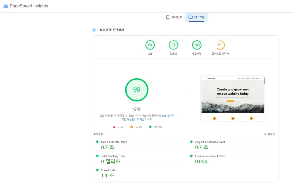 Cache Enabler 플러그인_구글 페이지스피드 점수[데스크탑]