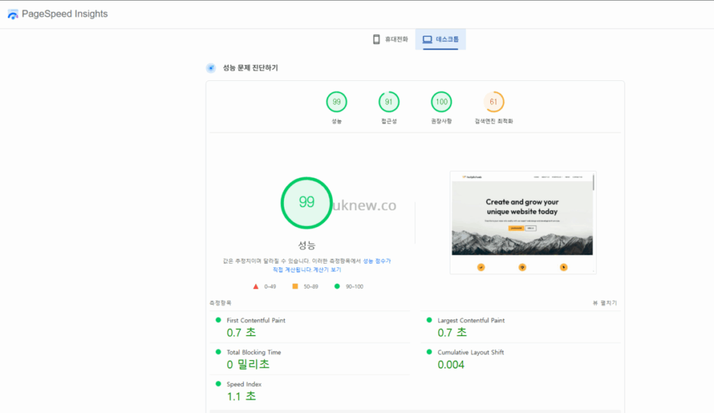 Neve 테마 무료 버전_Web Agency 템플릿-구글 페이지스피드 테스트(데스크탑)