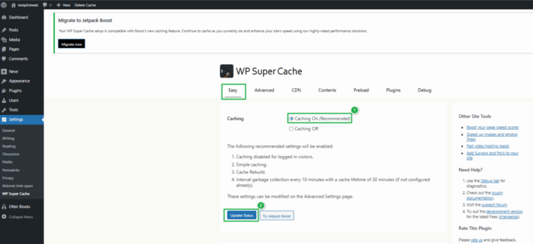 WP Super Cache 플러그인_단순 설정_1 캐시 활성화[영어]