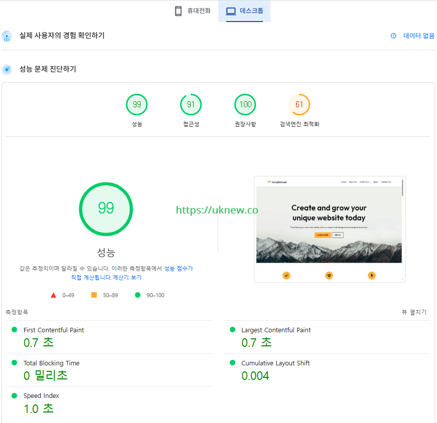 Neve 테마_ Web Agency 템플릿 구글 페이지스피드 성능 테스트 [데스크탑]