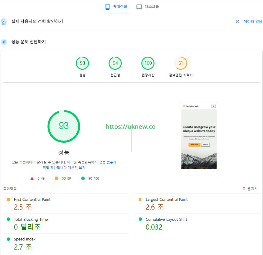 Neve 테마_ Web Agency 템플릿 구글 페이지스피드 성능 테스트 [모바일]