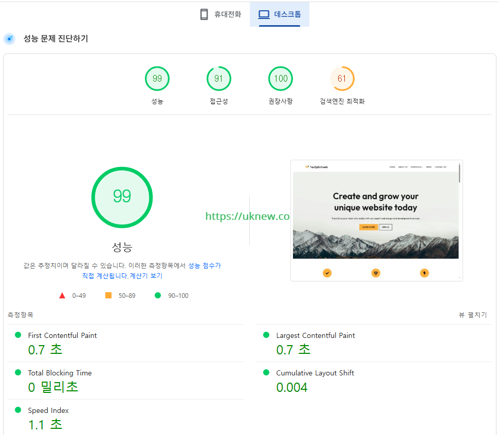 W3 Total Cache 구글 페이지스피드 점수[데스크탑]