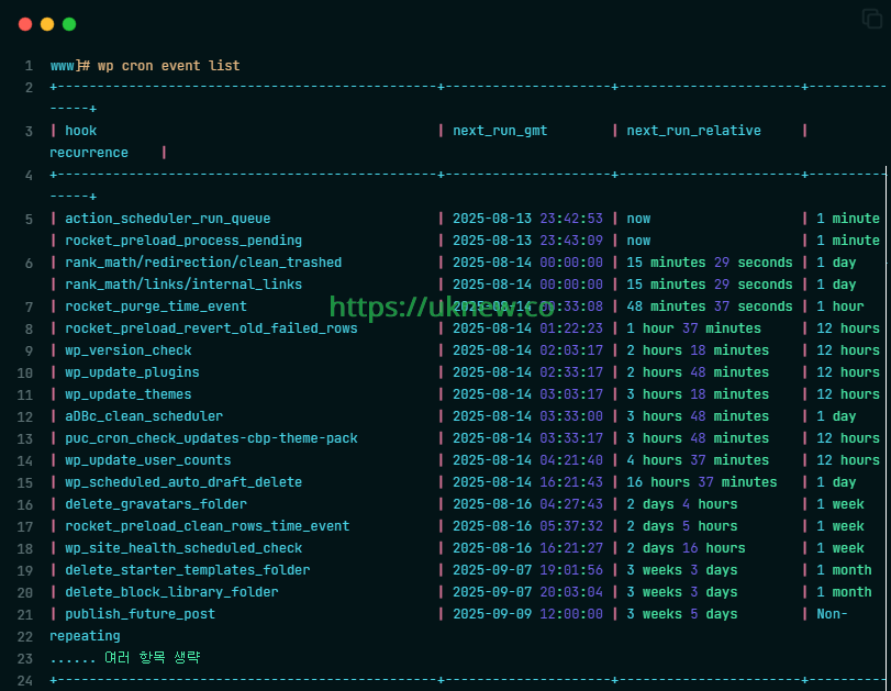 WP CLI- wp-cron event list 명령어로 예약된 크론 이벤트 목록 확인_