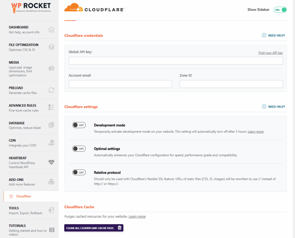 WP Rocket - 추가 기능3-CloudFlare 통합 활성화 시 설정하는 탭 [영어]