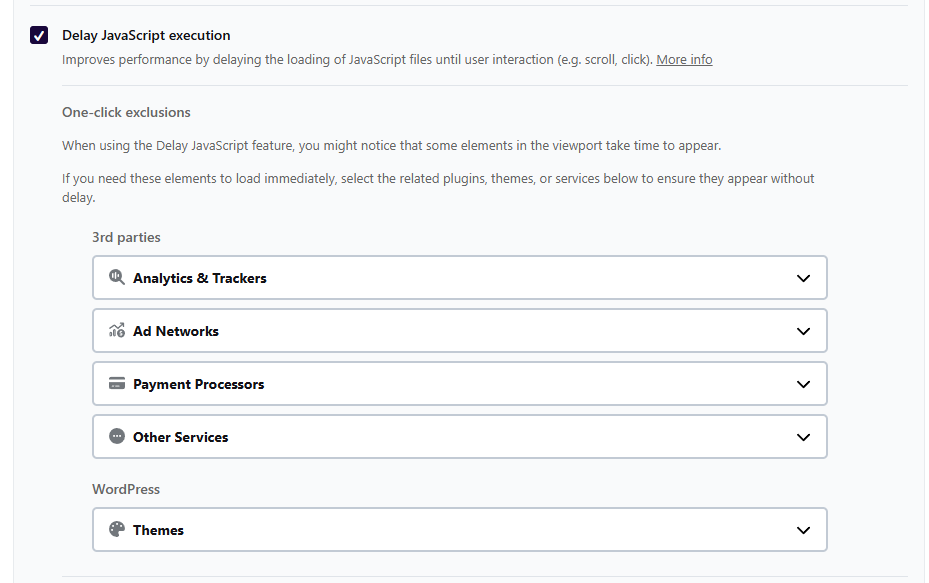 WP Rocket 파일 최적화 4 - JavaScript 설정_JavaScript 실행 지연 [영어]