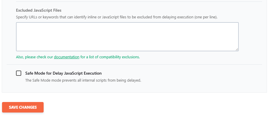WP Rocket 파일 최적화 4 - JavaScript 설정_JavaScript 실행 지연_원클릭 제외 항목 3_직접 제외 및 안전 모드 실행 [영어]