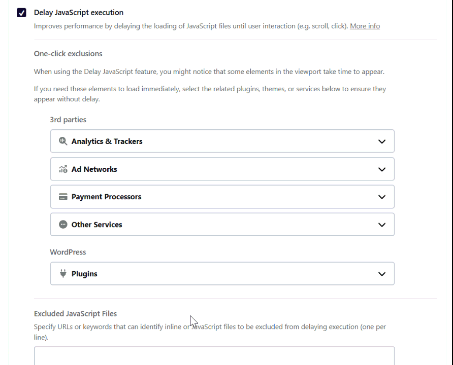 WP Rocket 파일 최적화 4 - JavaScript 설정_JavaScript 실행 지연_원클릭 제외 항목 4_설정 예시