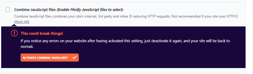 WP Rocket 파일 최적화 4 - JavaScript 설정_JavaScript 파일 결합 [영어]