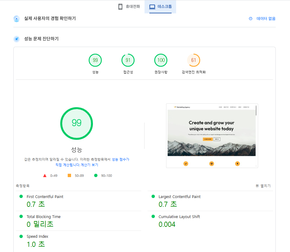 WP Rocket 속도 테스트 - WP Rocket 활성화 전 구글 페이지스피드 점수(2025-09-03)[데스크탑]