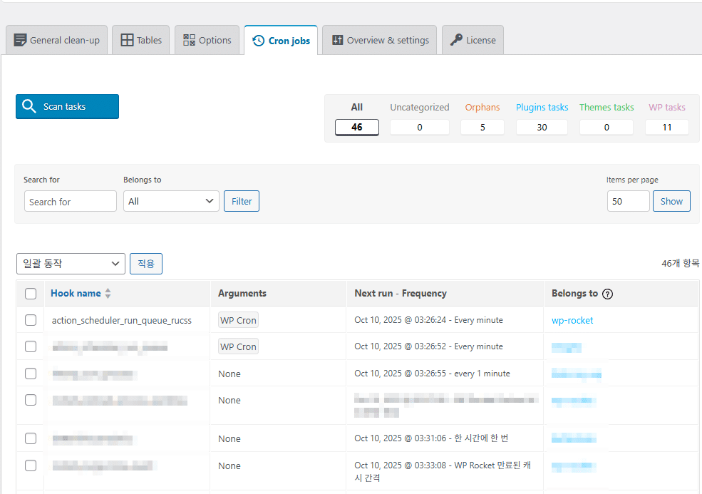 Advanced Database Cleaner 설정 화면-Cron Jobs(Pro)