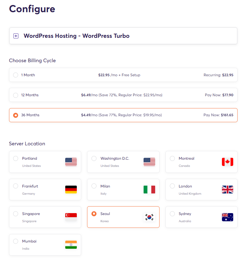 ChemiCloud 워드프레스 호스팅 - 서버 선택