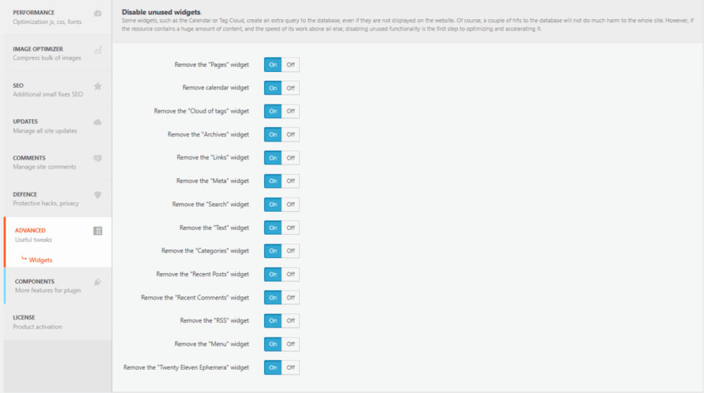 Clearfy 설정 - 고급 기능 3_미사용 위젯 제거 [영어]