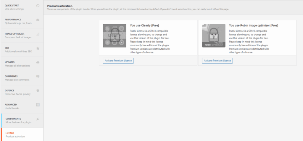 Clearfy 설정 - 라이선스 탭[영어만]