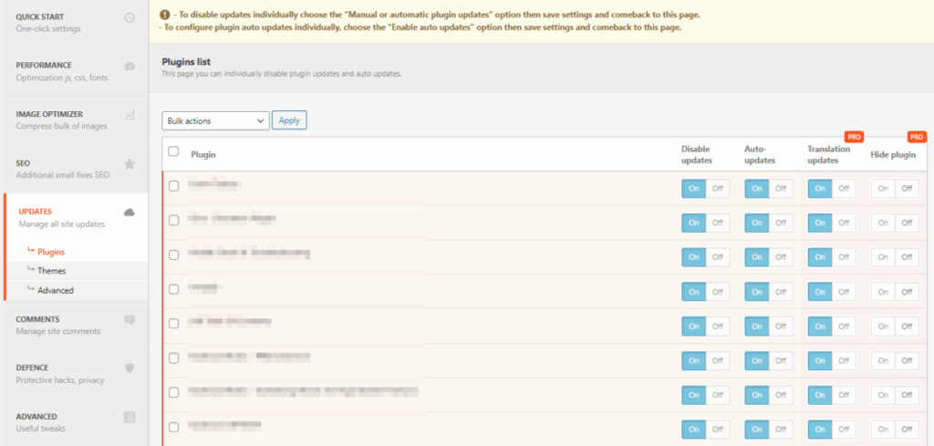 Clearfy 설정 - 업데이트(플러그인 목록) [영어만]