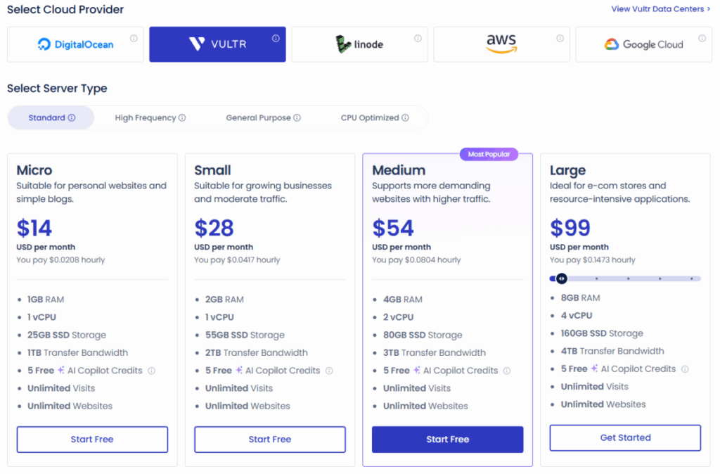 Cloudways 가격표(VULTR 일반 상품 기준)