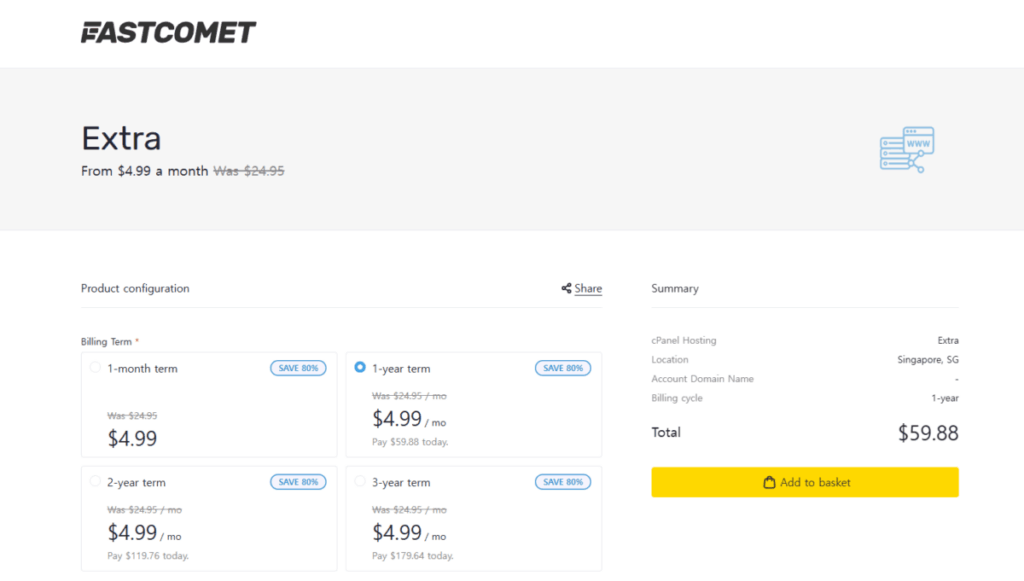 FastComet Extra 1년 결제-80% 할인 .88 적용- 싱가포르