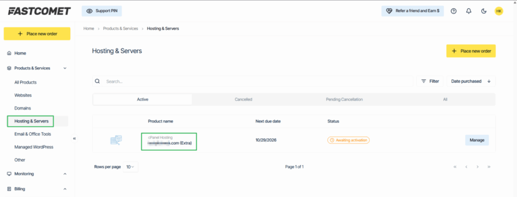FastComet 관리자 페이지 - 호스팅 & 서비스(Extra)