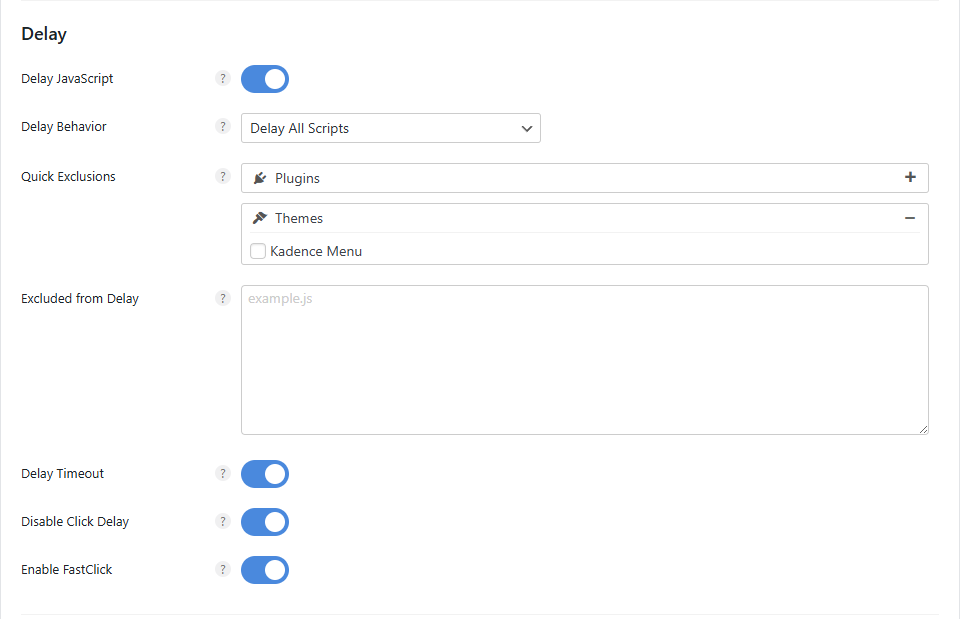 Perfmatters Delay - 자바스크립트 실행 지연_3가지 옵션 화성화 권장