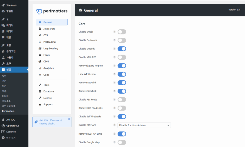 Perfmatters Plugin 기본 메인 화면[영어만]