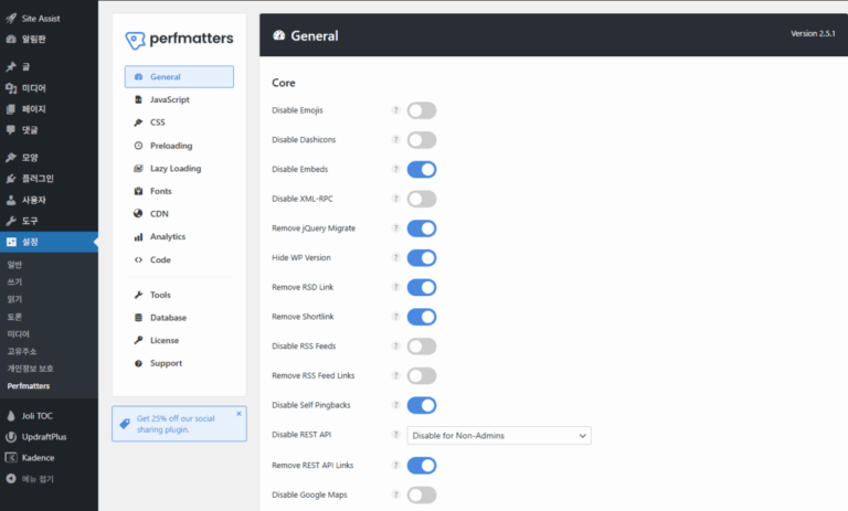 Perfmatters Plugin 기본 메인 화면[영어만]
