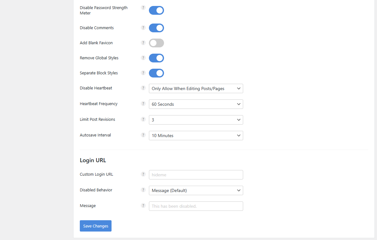 Perfmatters 일반 설정 탭-권장 설정 2Page