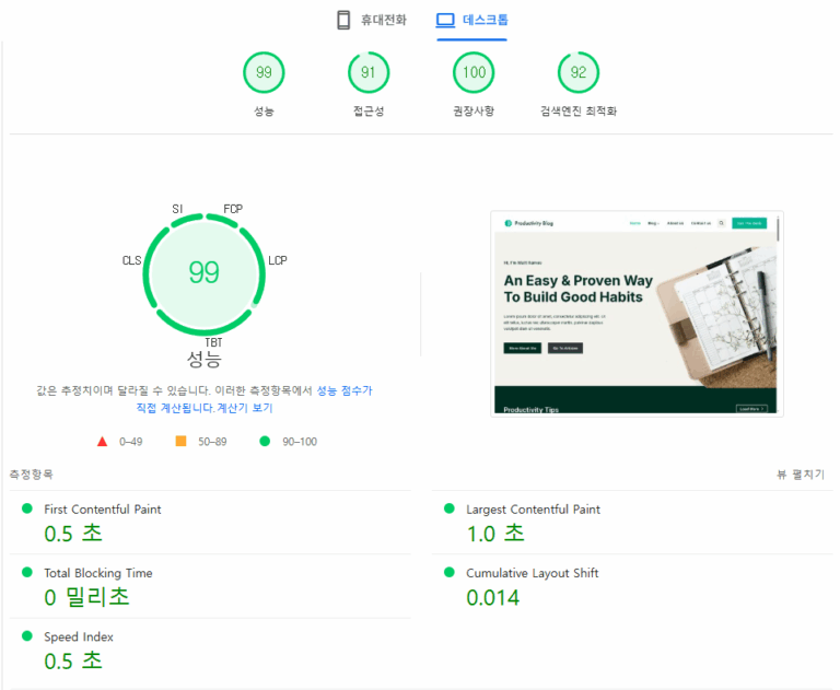 RocketNet 구글페이지스피드 속도 테스트(데스크탑)